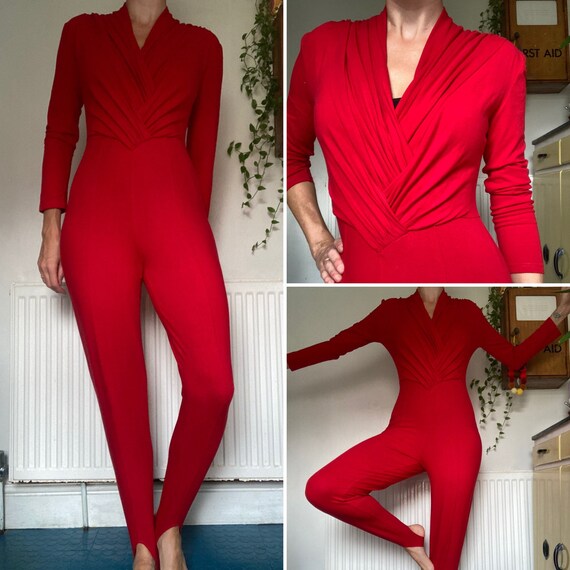 Vintage 1980s Red stretch Jumpsuit leotard UK siz