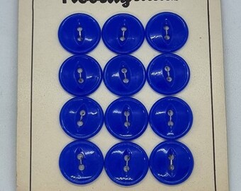 Sheet of 12 Royal Blue Coloured Round Plastic Vintage Buttons on Original Packaging - 1.9cm