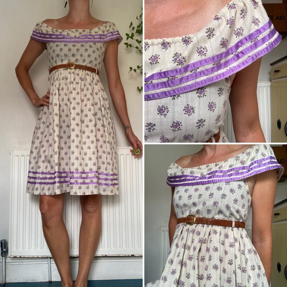 Vintage 1970s purple lilac floral bardot prairie p