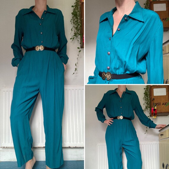 Vintage 1980s Teal Green Jumpsuit Boilersuit Overa
