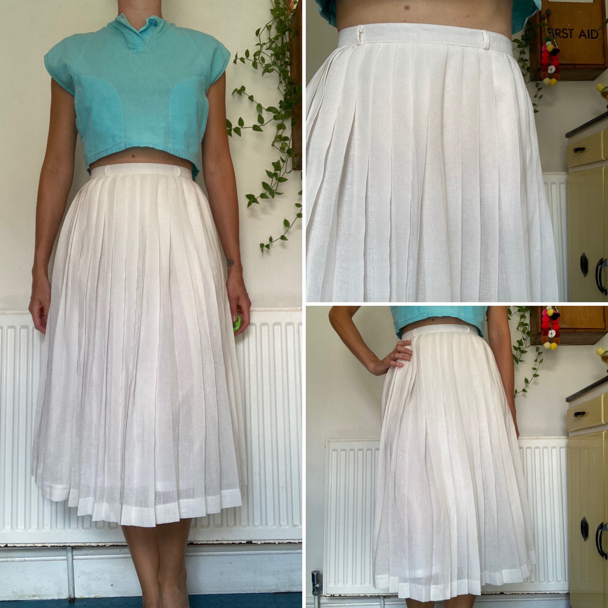 Image of S Vintage White Sheer Pleated High Waisted Midi A-Line Skirt Uk