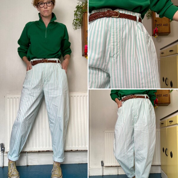 Vintage 1980s stripy white green high waisted trousers pants size 14 waist 34”