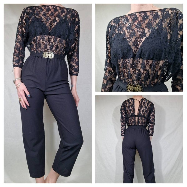 Vintage 1980s Black lace high waisted, tapered leg jumpsuit size 8 10 uk