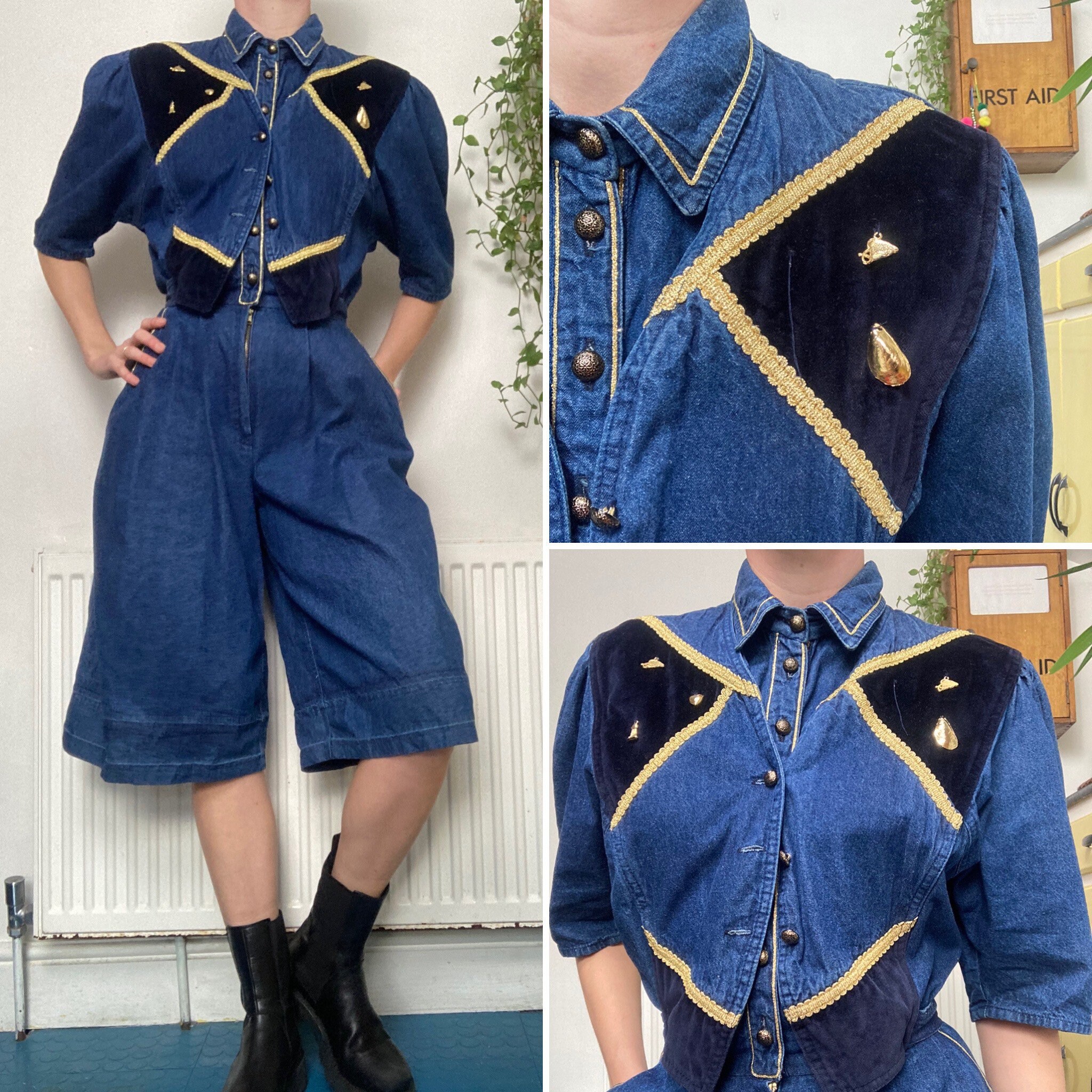 Image of S Vintage Blue Denim Shorts Playsuit Romper Jumpsuit Size   Uk