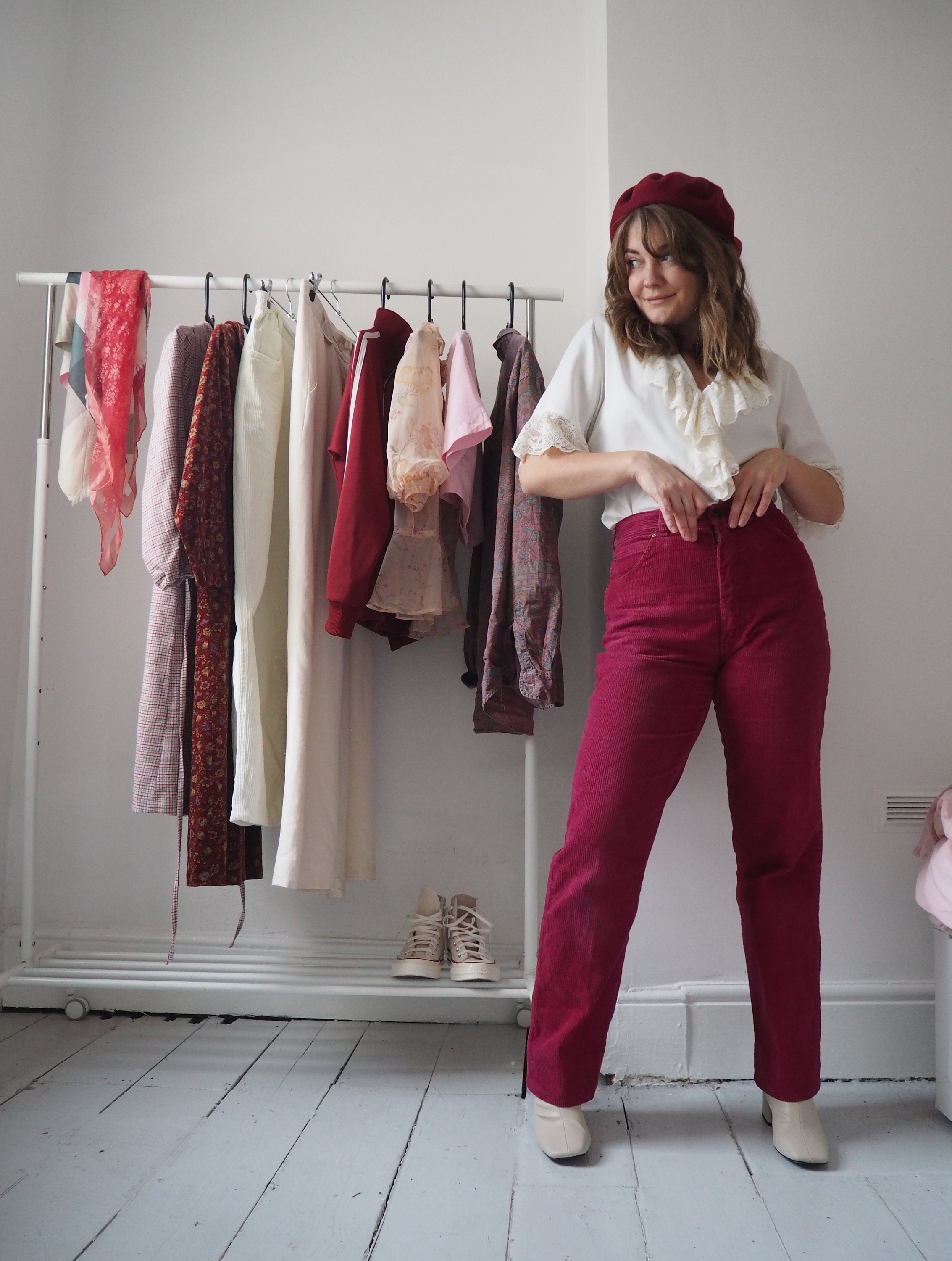 Image of Vintage High Waisted Burgundy Red Cord Trousers Size Uk  Tapered Leg Waist "