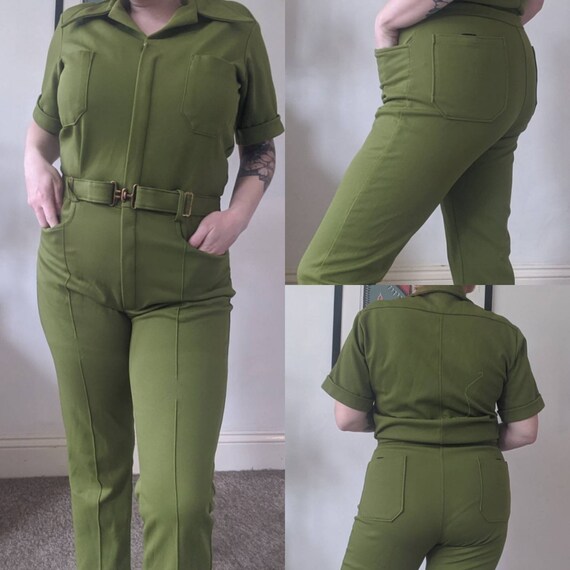 Vintage 1970s Pea Green Dagger Collar Belted Jumps