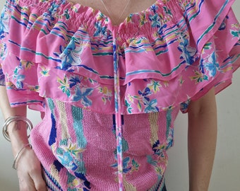 Vintage 1980s Diane Freis pink knitwear top, sweater, off the shoulder, size 10 uk