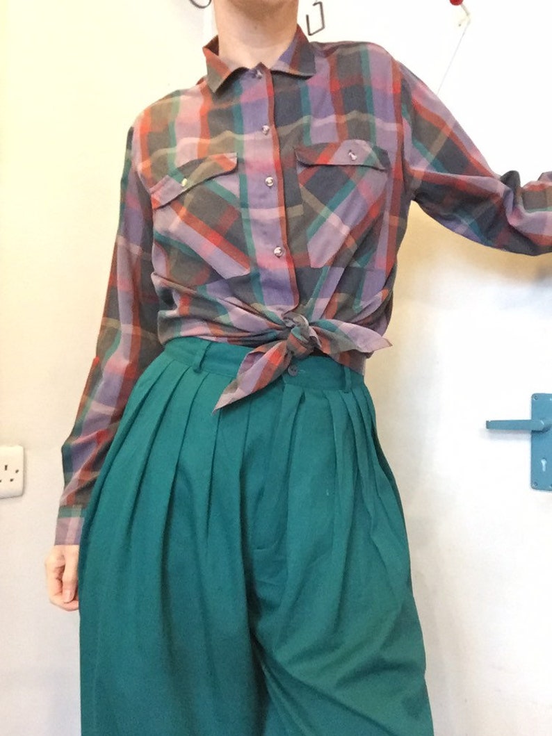 12 1980s vintage checked plaid oversized tie top shirt western style uk 10 14