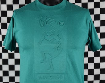 Vintage 80s 90s KOKOPELLI tshirt / Durango Colorado / Southwestern Native American / Green, Teal / Flute Player / Fits like a Medium