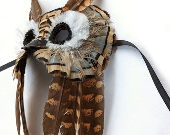 Brown Owl Masquerade Mask - Bird Costume Party Eyemask - Venetian Feather Mask