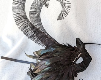 Black Swan Masquerade Mask - Women's Bird Costume Party Eyemask with Swarovski Crystals - Venetian Feather Masque