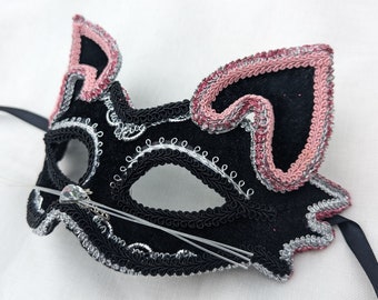 Black & Pink Kitty Masquerade Mask - Women and Child Cat Costume Party Eyemask - Venetian Mask