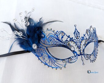 Navy & Blue Metal Masquerade Mask with Feathers and Swarovski Crystals- Party Mask - Venetian eye-mask