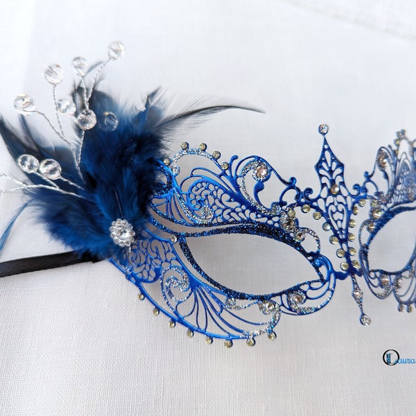 Navy & Blue Metal Masquerade Mask with Feathers and Swarovski Crystals- Party Mask - Venetian eye-mask