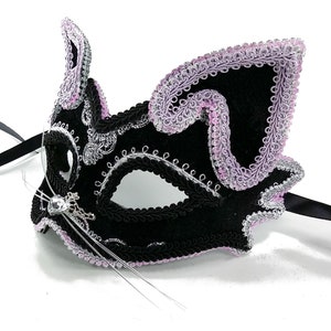Black & Lilac Kitty Masquerade Mask - Women and Child Cat Costume Party Eyemask - Venetian Mask