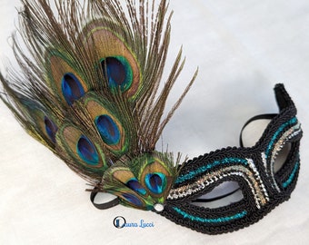 Cleo Black Peacock Masquerade Mask - Black, Green & Blue Venetian Masque Eye-mask.