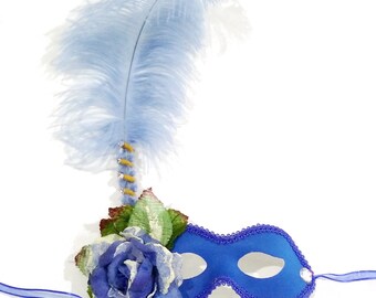 Tropical Rose Blue Feather Masquerade Mask, Venetian Eyemask, Costume Accessory