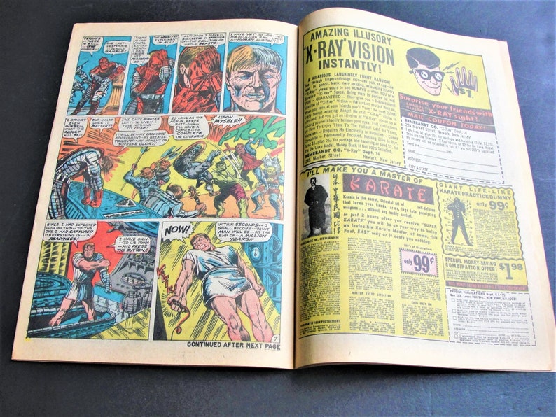 May include: A comic book cover featuring a group of superheroes in action. The cover is in color and features a variety of characters, including a man in a red suit, a man in a blue suit, and a woman in a green suit. The cover also features the text "Amazing Illusions X-Ray Vision Instantly!" and "I'll Make You a Master of Karate!"