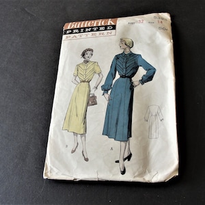 Butterick 5395- Tucked and Tabbed Shirtwaister. Tailored one-piece dress -Size 14 Bust 32-Sewing Printed Pattern, Vintage 1950s Complete.
