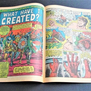May include: A comic book cover featuring the Incredible Hulk with the text "What Have I Created?" The cover shows the Hulk in a red and yellow costume, surrounded by a group of warriors in medieval armor. The cover also includes a caption that reads "And now, welcome to the wondrous world of Marvel Mythologia---!!"
