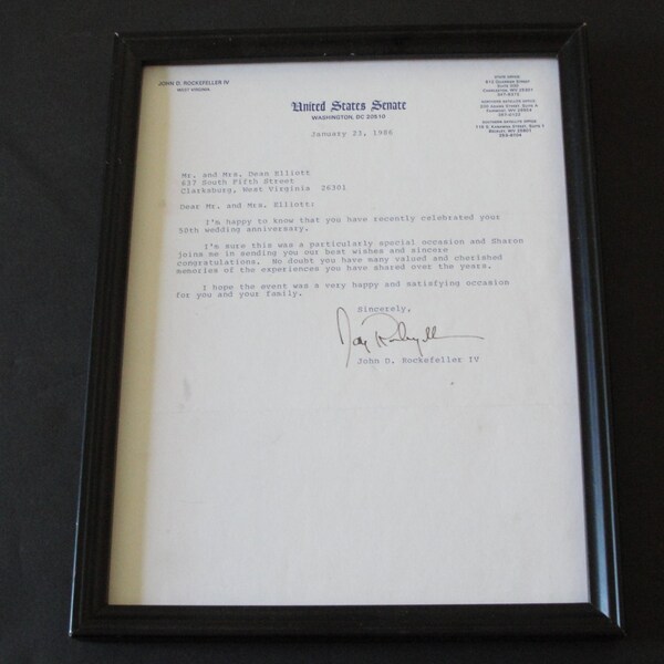 John D. Rockefeller IV, Senator West Virginia- Congratulation Letter 50th Wedding Anniversary to Dean Elliott Family -signed on 01/23/1986.