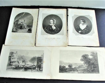 Antique Engraving Prints, Literary Women of America, 1850s-1890s, Set of 5