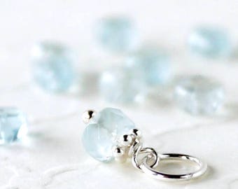 AAA Aquamarine Charm - Sterling Silver Tiny Add On Dangle - Natural Genuine Blue Gemstone Pendant - March Birthstone - Pandora Compatible