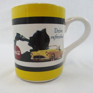 Vintage Collectible COCA COLA Coffee 1987 Mug Cup Handle &quot;Drive Refreshed&quot; Yellow Classic Blonde Lady Car White Black Red China 4.25&quot; Tall