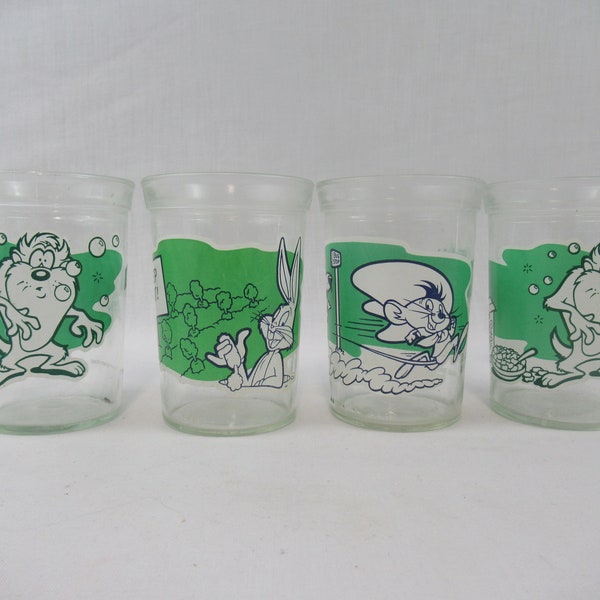 Lot of 4 Vintage Welch's Jelly Glasses Looney Toon's Tazmanian #18 #26 Devil #70 Speedy Gonzales #3 Bugs Bunny Keep out Circa 1994