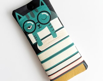 Cat & Book Print Glasses Case: Handmade Padded Soft Sleeve