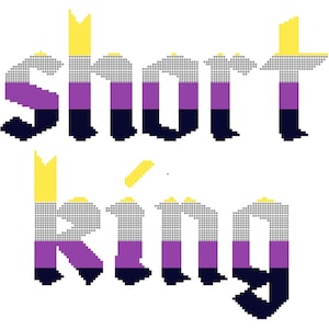 May include: A pixelated image of the words "short king" in a stylized font. The letters are outlined in gray and filled with a color scheme representing the non-binary pride flag: yellow, white, purple, black, and blue.