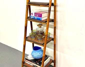 Vintage French Bamboo Folding Ladder Step Shelf #6541