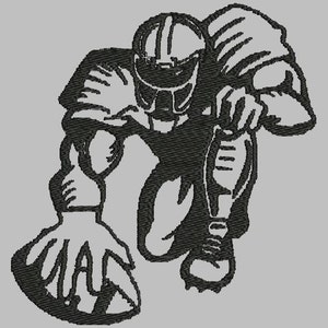Peut inclure: Illustration en noir et blanc d'un joueur de football américain en position agenouillée, prêt à attraper le ballon.