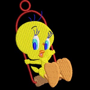 May include: A yellow bird with blue eyes and a red beak is sitting on a red swing. The bird is wearing orange shoes.