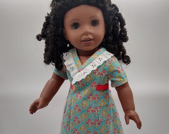 1930's HISTORICAL HOOVERETTE DRESS-Blue, Red, Yellow, Fits 18 inch Doll like Ag Doll, Short Sleeve, Eyelet Ruffle, Claudie, Kit, Ruthie