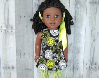 1960's RETRO SHIFT DRESS-Black/Chartreuse/White- Fits 18 inch Doll like American Girl Doll, Melody, Party, Casual, Gift, Sleeveless, Julie