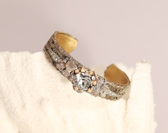 Metallic silver antique thread and rhinestone cuff bracelet accented with Miriam Haskell pearls