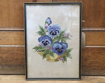 Vintage embroidery framed picture - blue violets or panseys
