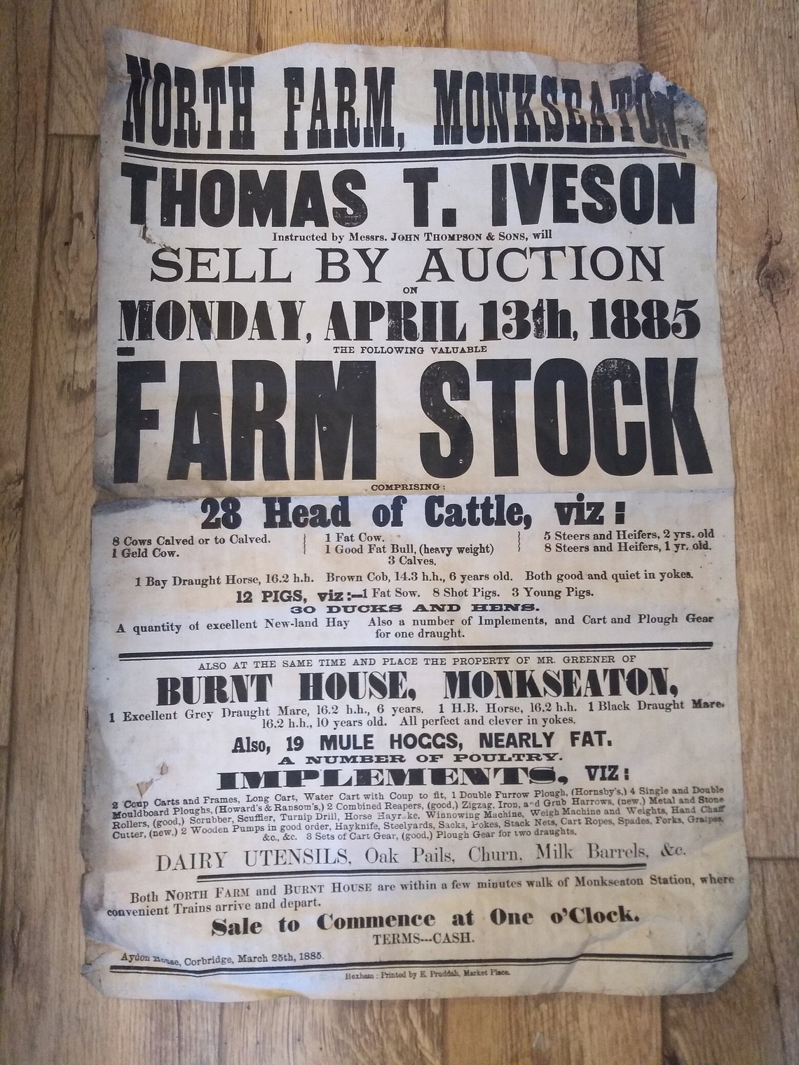 1885 Original Poster for a farm Sale at North Farm and Burnt Etsy
