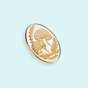 Golden Mushroom Lapel Pin - Motif Mushroom Leaf White Enamel Jewelry Pin