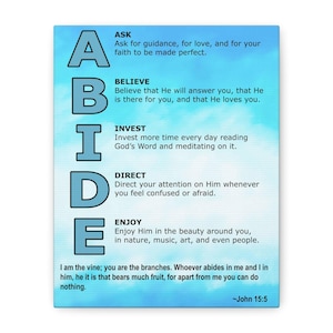 May include: A rectangular wall art print featuring a light blue sky background with a grid texture. The word ABIDE is written vertically in large blue letters. Each letter corresponds to a spiritual acronym with text explaining Ask, Believe, Invest, Direct, and Enjoy, followed by the scripture John 15:5.