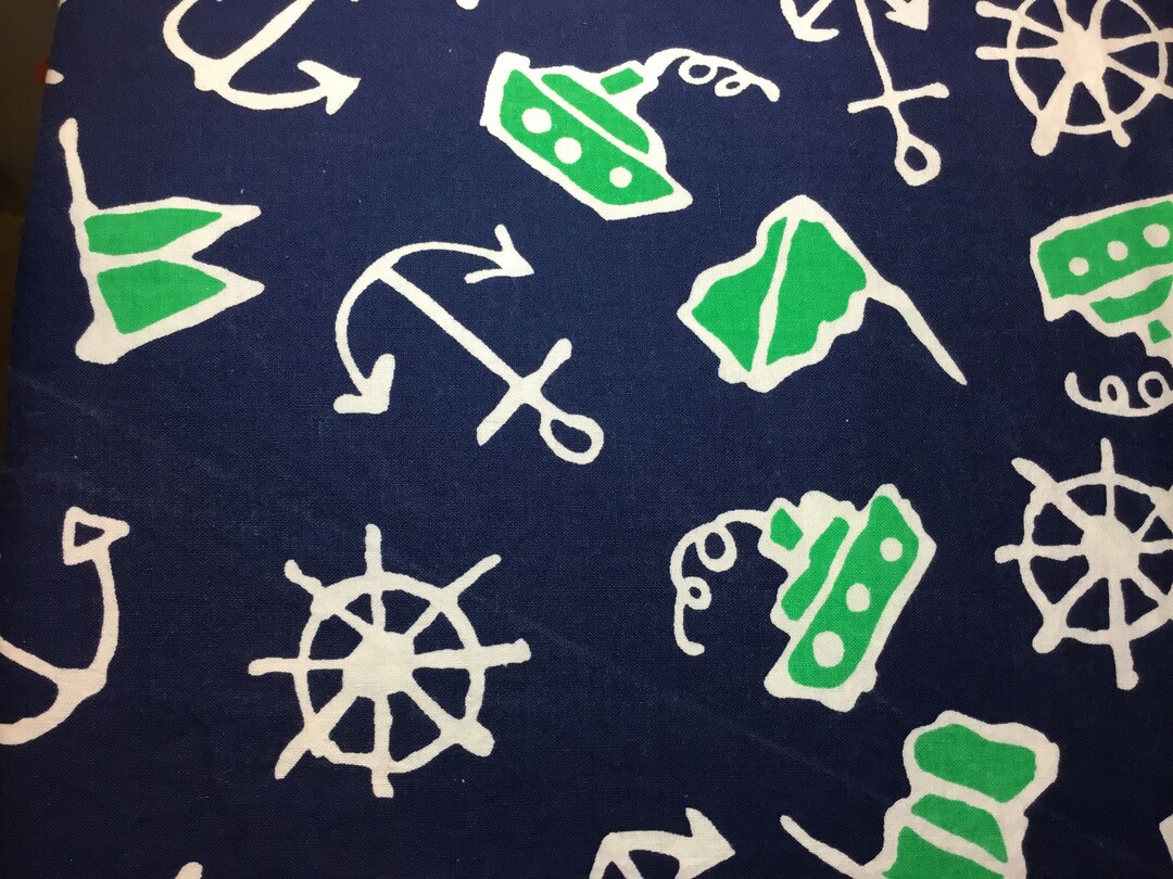 Vintage Nautical Print Fabric Navy Blue Nautical Print Cotton Etsy