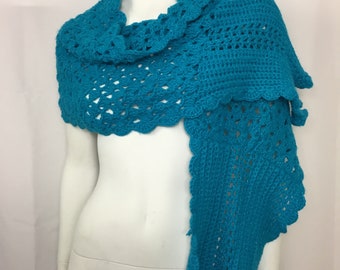 Crochet Scarf Cape Handmade Shawl 67” x 14” Sparkle Blue