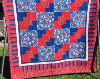 Handmade Patriotic Quilt Blanket Double Sided 80" Long