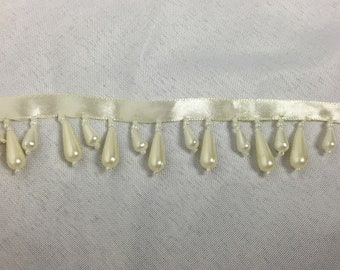 White 2 Pearl Drop Fringe Ribbon Border Trim Faux 2 Pearl Tassel Ribbon Edge Trim