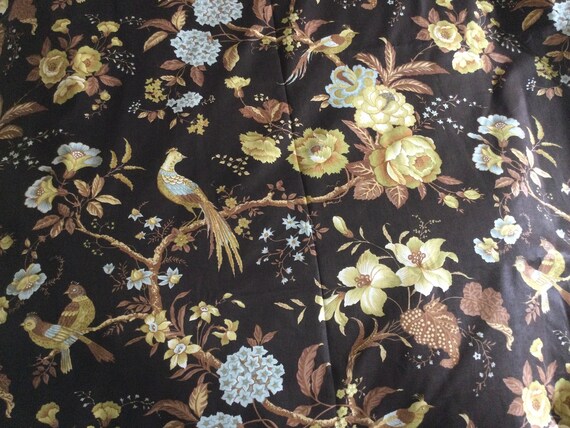 Vintage Floral Bird Print Fabric, Brown Screen Printed Upholstery Fabric