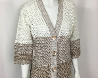 Crochet Long Sweater Handmade Sweater Cardigan 3/4 Sleeve Size Large