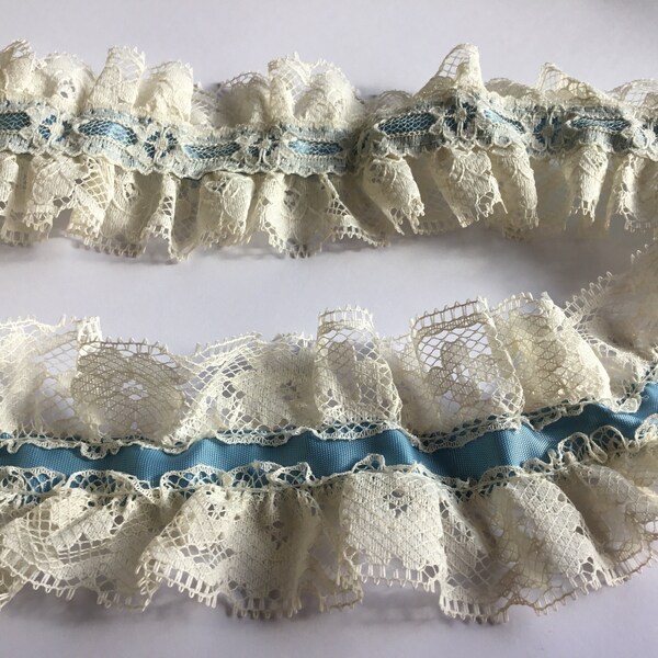 Vintage Trim Double Sided Lace Off White with Blue Satin Ribbon 2-3/8” wide Vintage Insertion Double Sided Lace Trim