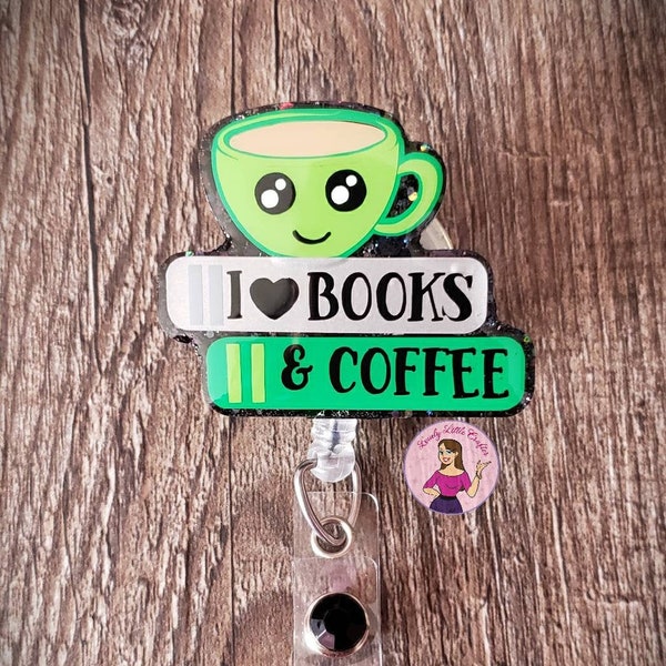 I love books and coffee badge reel, librarian badge reel, medical badge reel, nurse badge reel, RN badge holder, retractable ID badge holder