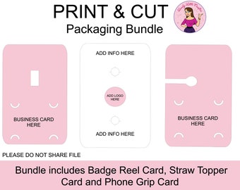 May include: Printable packaging bundle for business cards, including a badge reel card, straw topper card, and phone grip card. The design features pink backgrounds with white outlines and text that says "Add Info Here", "Add Logo Here", and "Business Card Here".